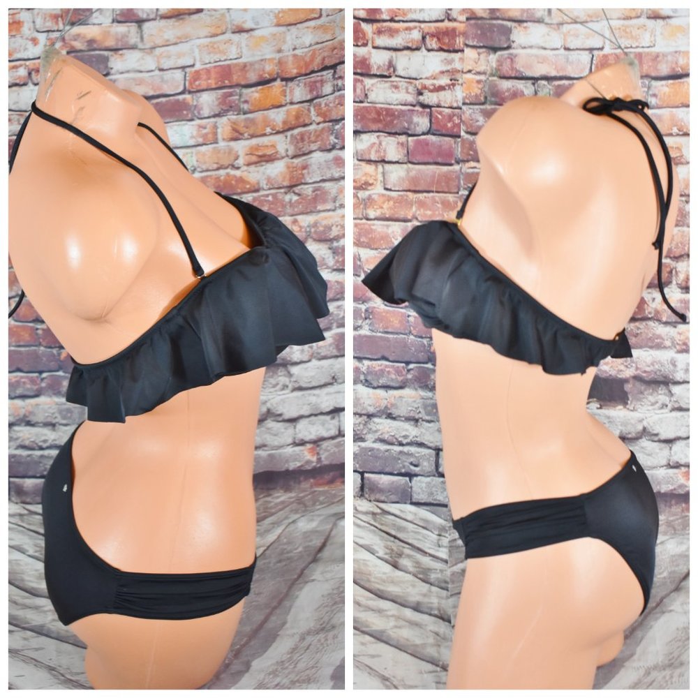 Victorias secret Small Medium Black Ruffle Bandeau Bikini NWOT Gold Hardware - Picture 3 of 12